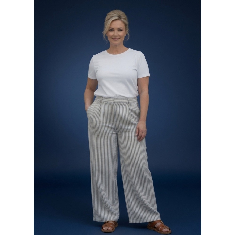 Michael Kors Linen Pants Womens 8 NEW High-Rise Wide Leg Navy White Striped